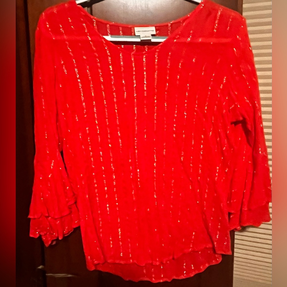 Liz Claiborne Red/Orange Blouse Textured Metallic Stripes & Ruffle Bell Sleeves